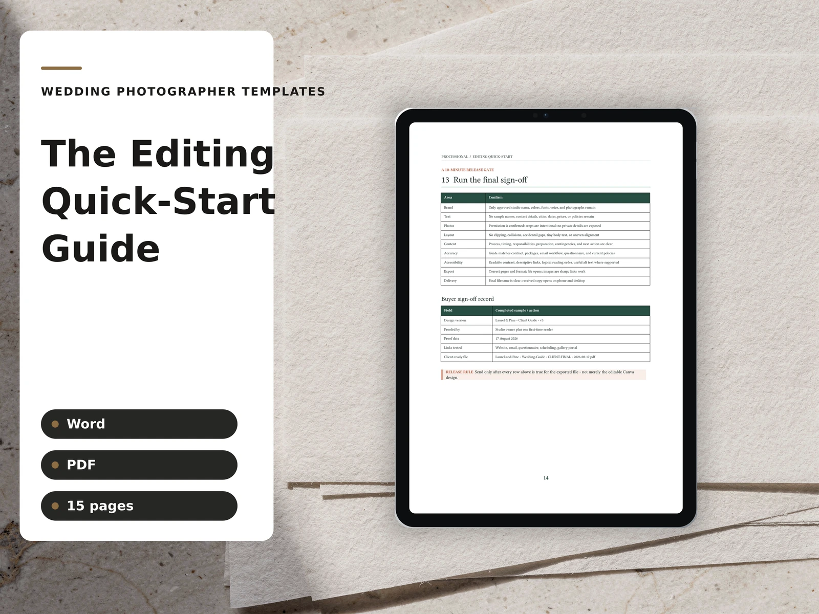 The Editing Quick-Start Guide cover plate composed in the studio brand — fictional sample data