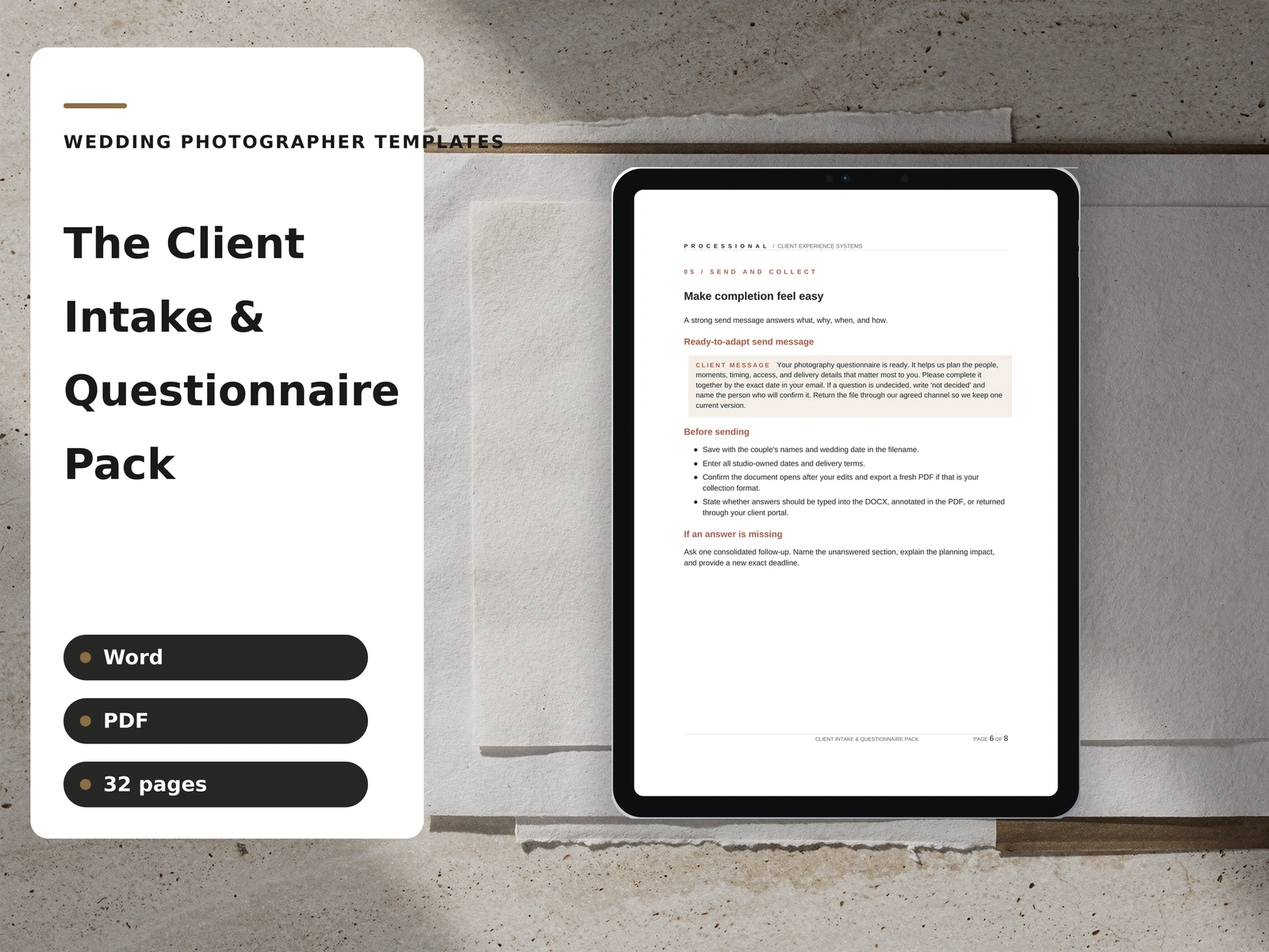 The Client Intake & Questionnaire Pack cover plate composed in the studio brand — fictional sample data