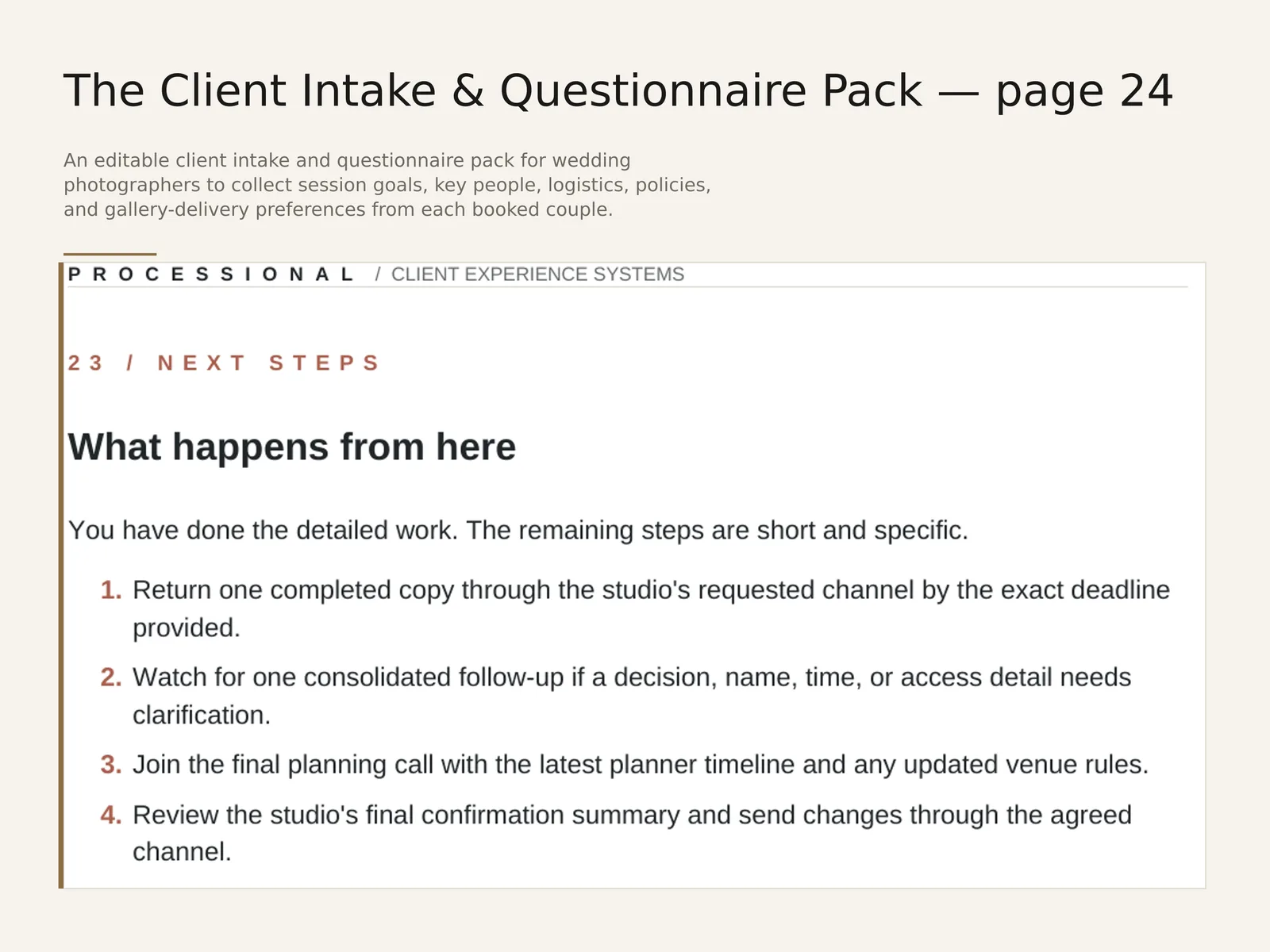 The Client Intake & Questionnaire Pack — sample interior spread 1 with fictional sample data