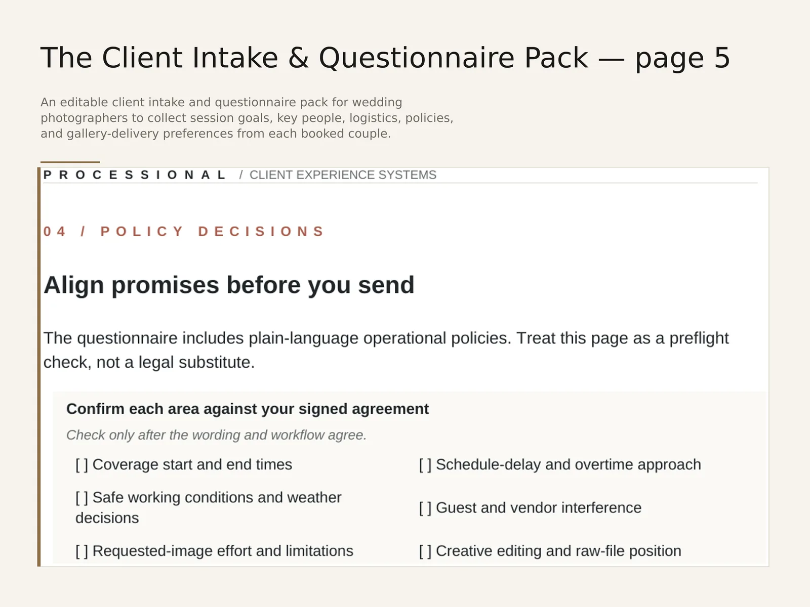 The Client Intake & Questionnaire Pack — sample interior spread 4 with fictional sample data