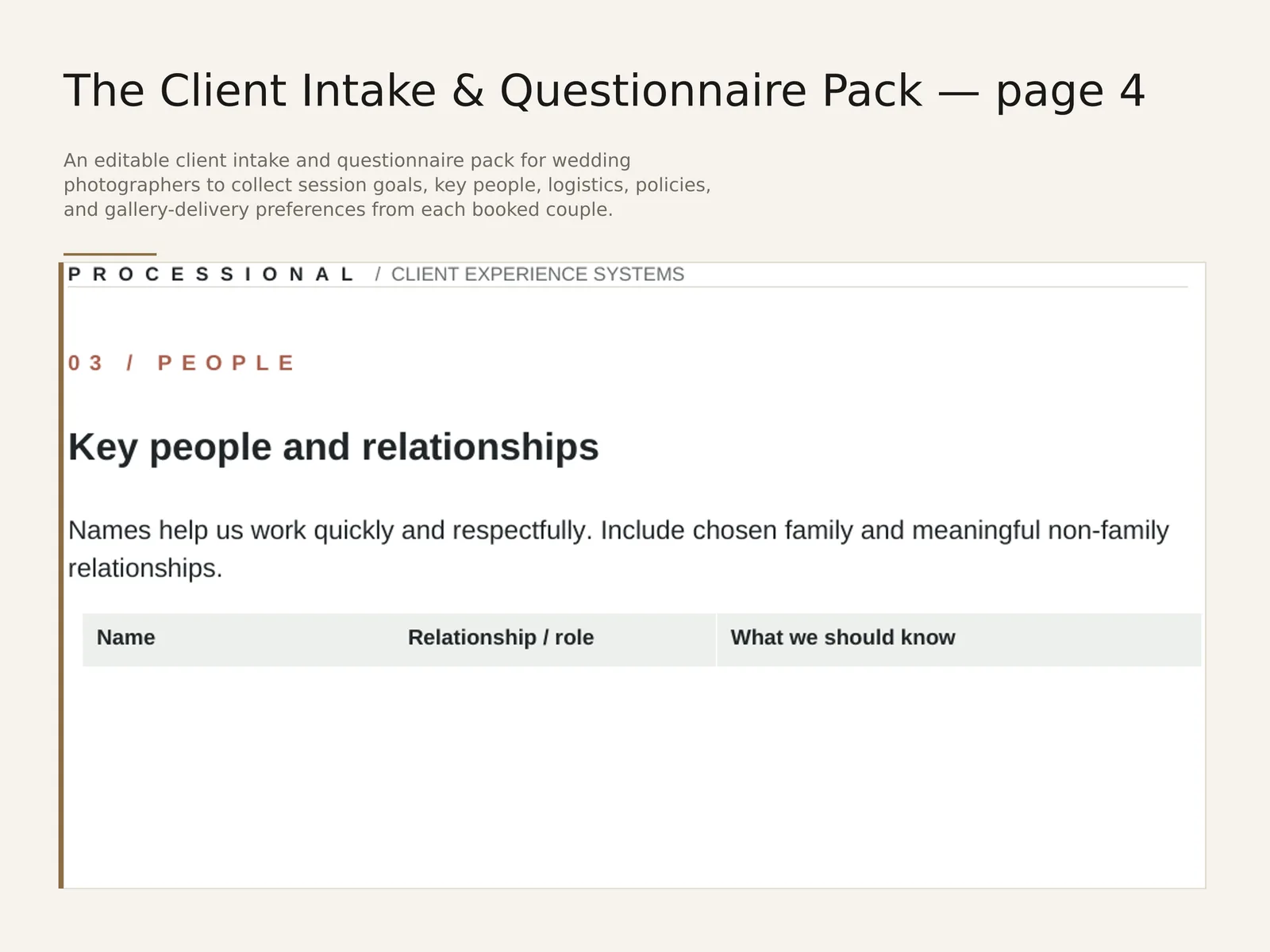 The Client Intake & Questionnaire Pack — sample interior spread 5 with fictional sample data
