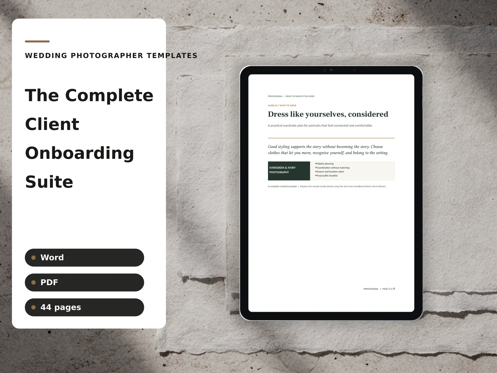 The Complete Client Onboarding Suite cover plate composed in the studio brand — fictional sample data