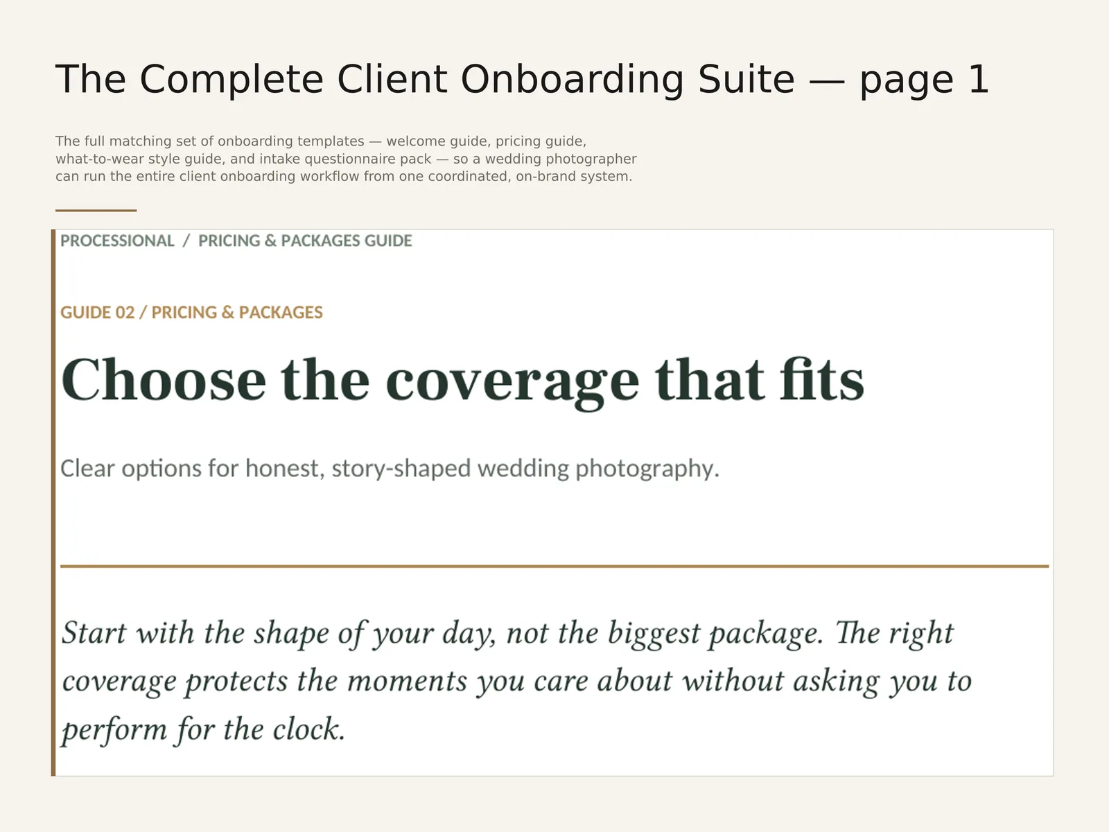 The Complete Client Onboarding Suite — sample interior spread 1 with fictional sample data
