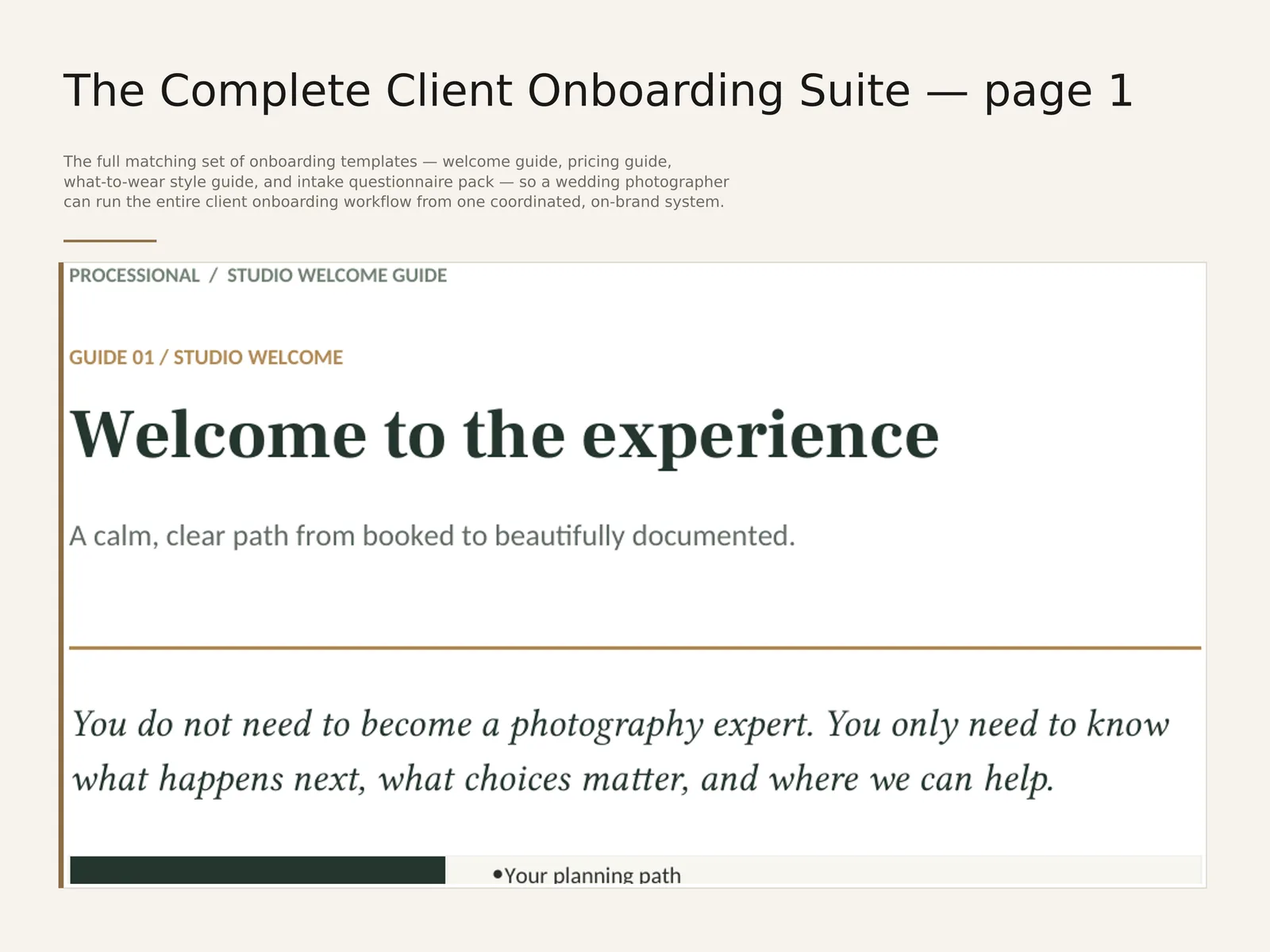 The Complete Client Onboarding Suite — sample interior spread 2 with fictional sample data