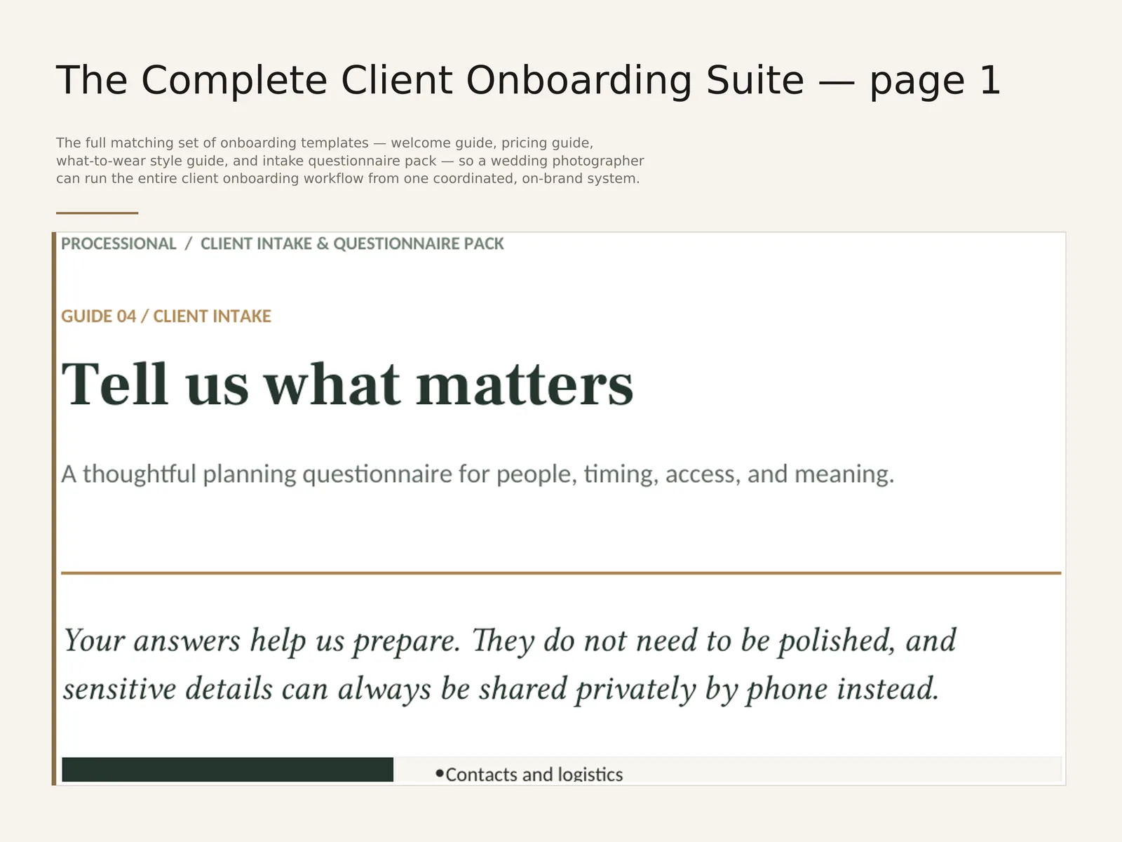 The Complete Client Onboarding Suite — sample interior spread 3 with fictional sample data