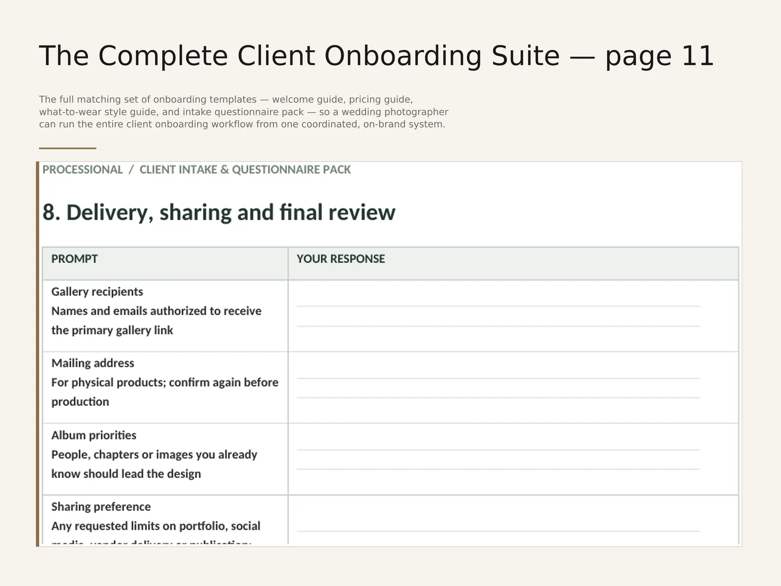 The Complete Client Onboarding Suite — sample interior spread 4 with fictional sample data