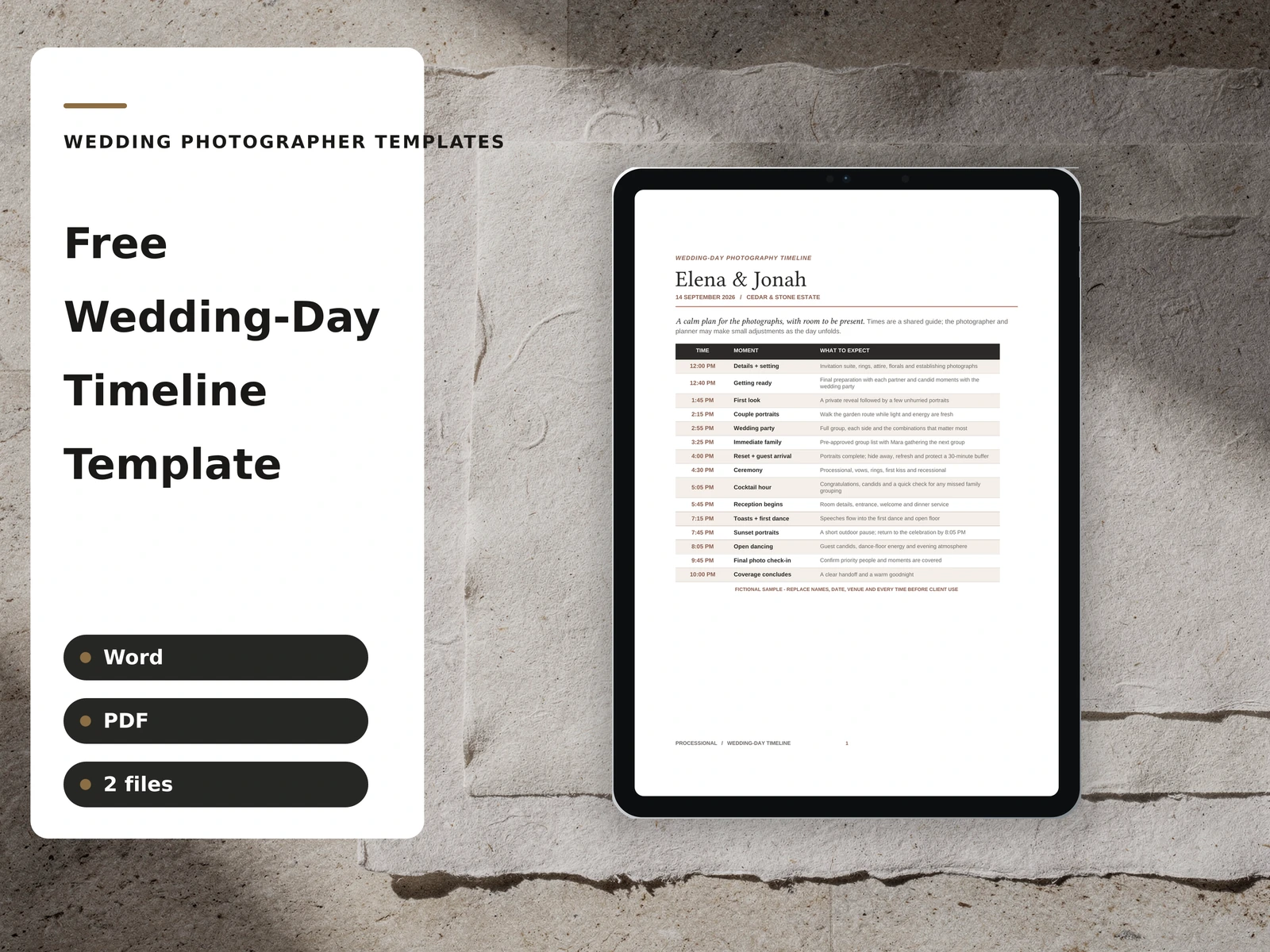Free Wedding-Day Timeline Template cover plate composed in the studio brand — fictional sample data