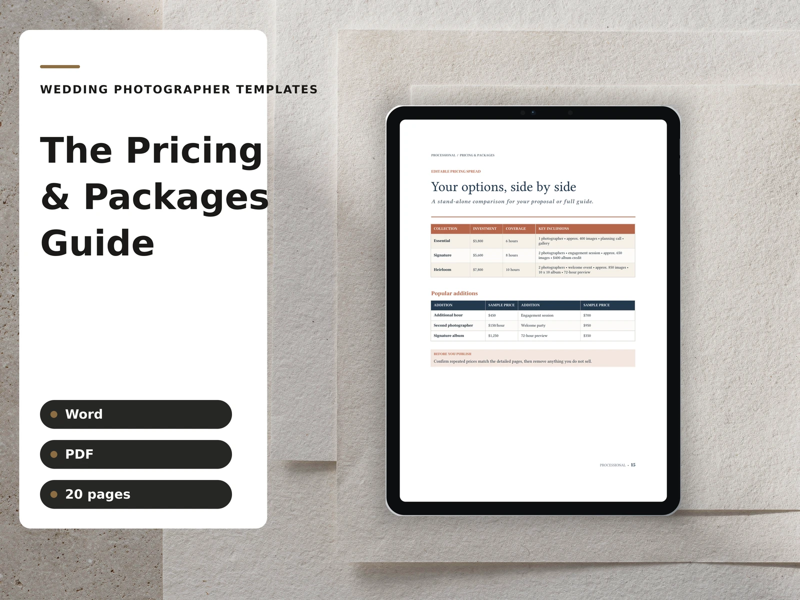 The Pricing & Packages Guide cover plate composed in the studio brand — fictional sample data