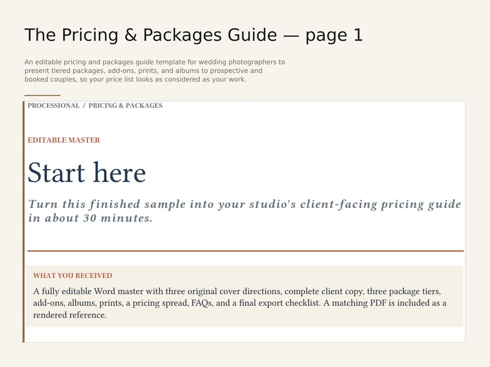 The Pricing & Packages Guide — sample interior spread 1 with fictional sample data