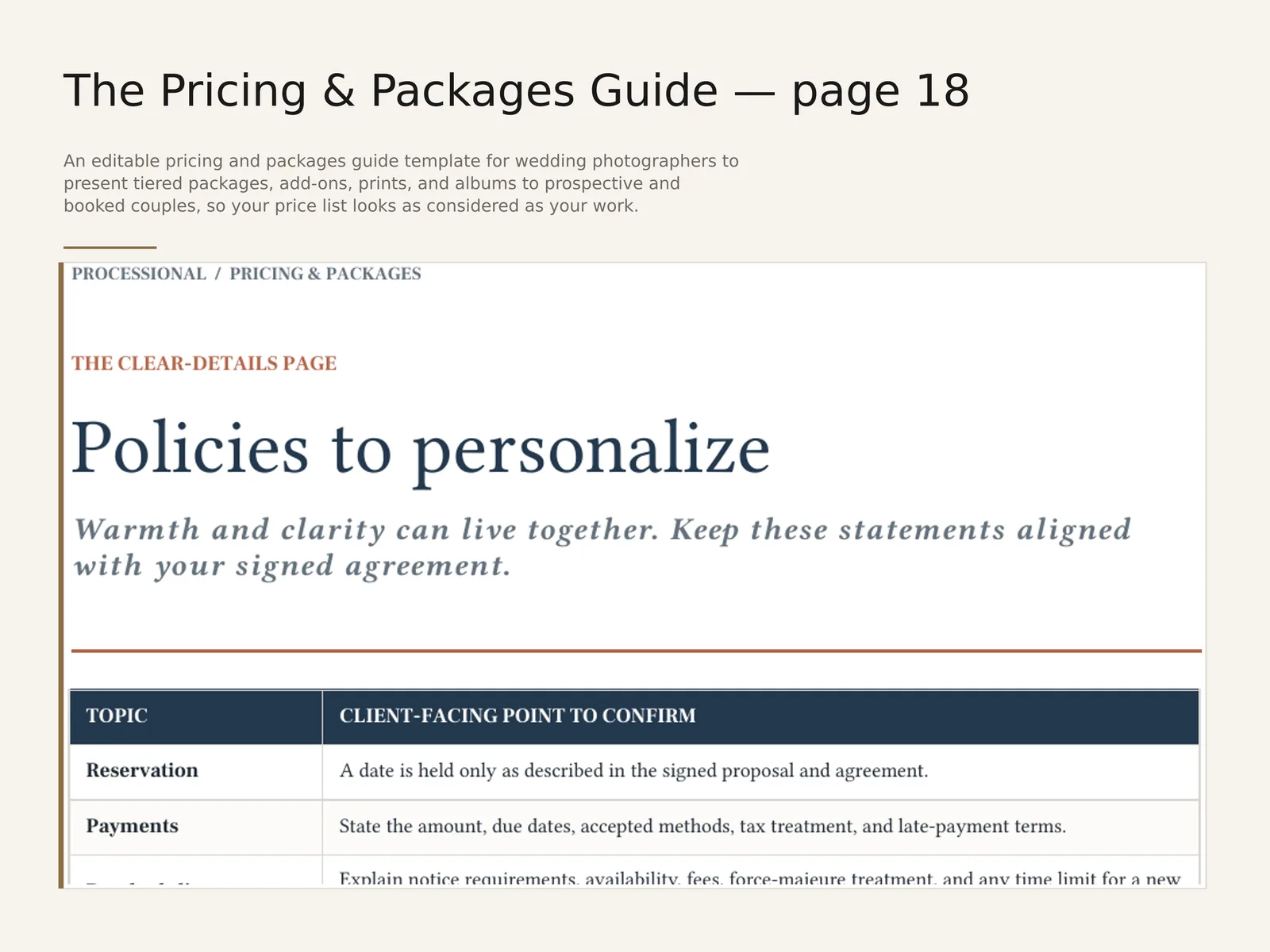 The Pricing & Packages Guide — sample interior spread 2 with fictional sample data