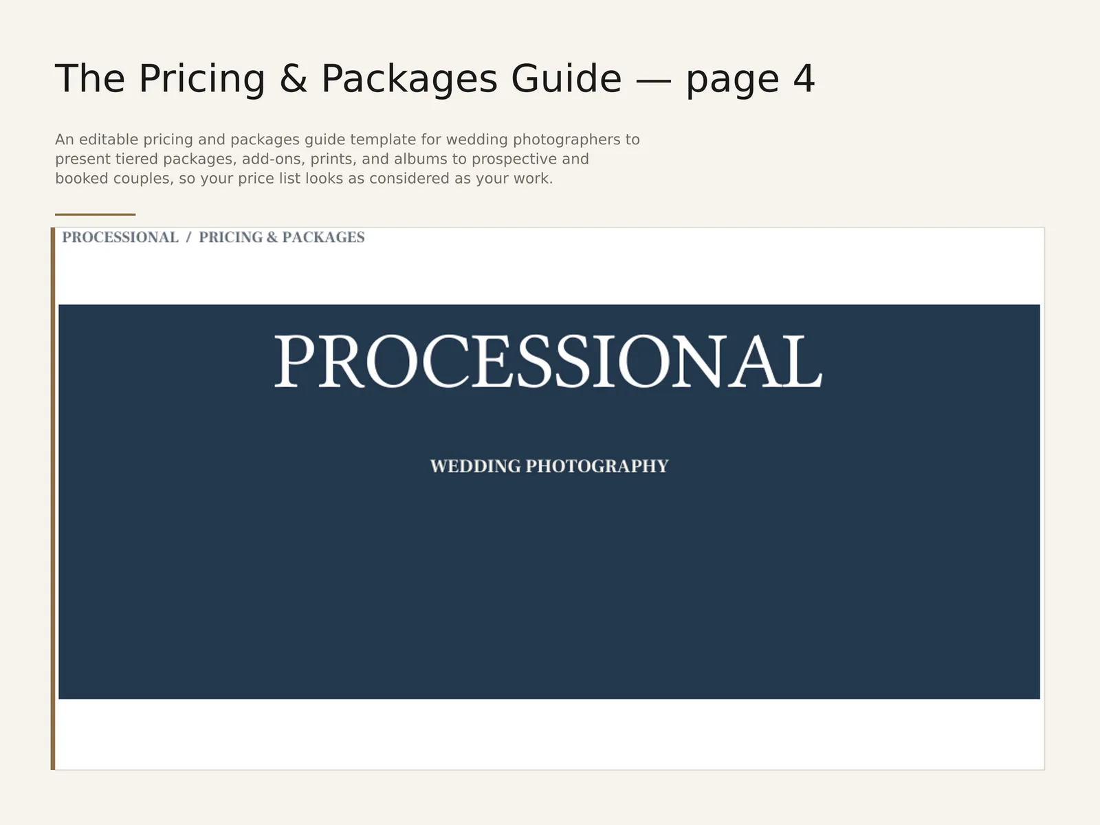 The Pricing & Packages Guide — sample interior spread 3 with fictional sample data