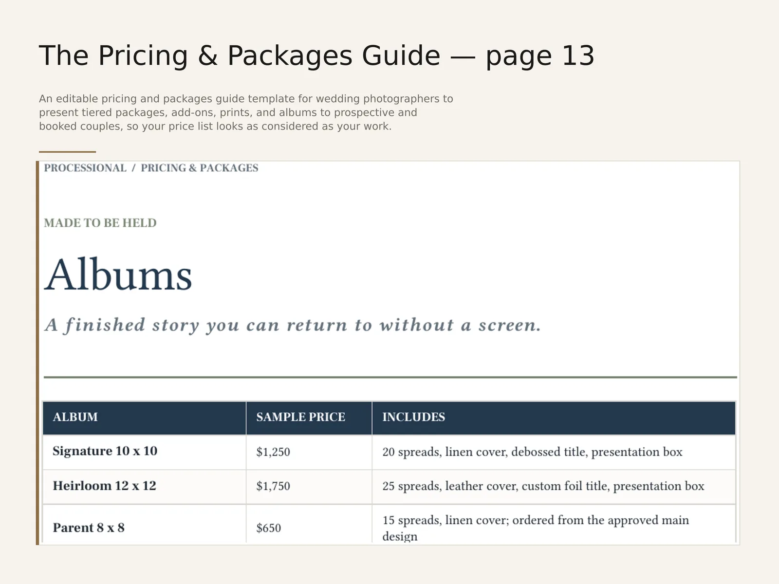 The Pricing & Packages Guide — sample interior spread 4 with fictional sample data