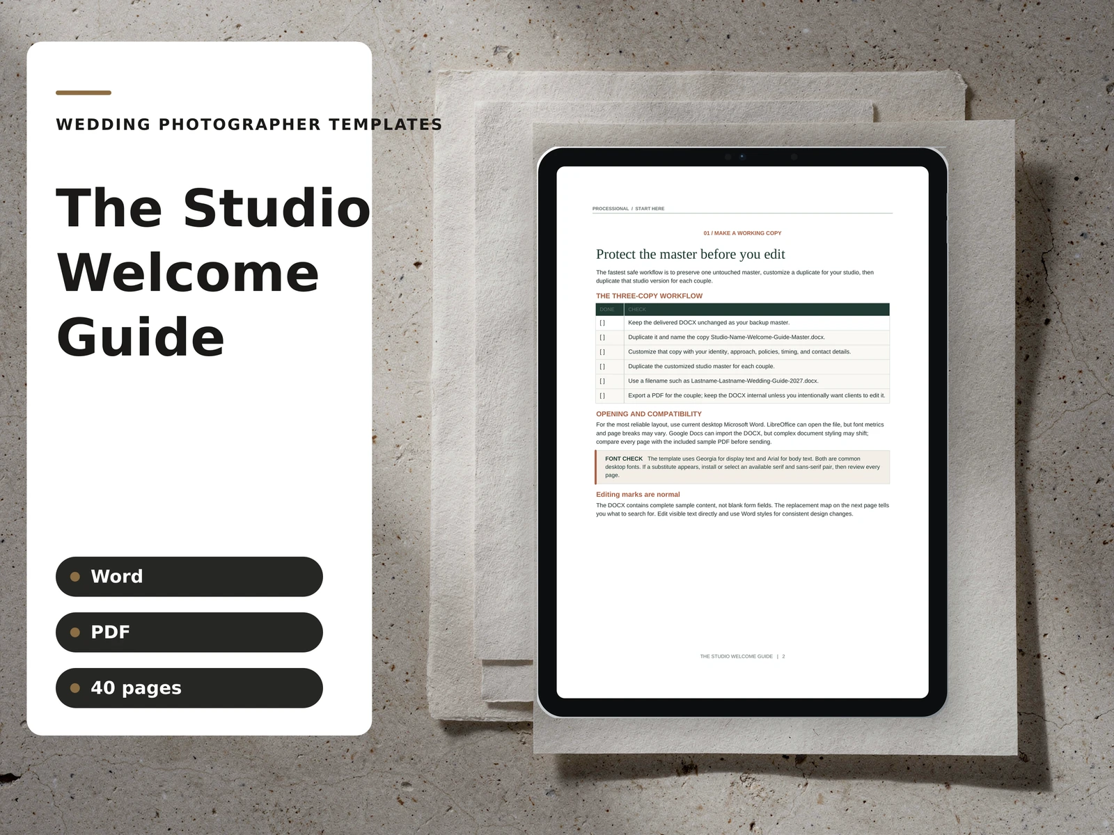 The Studio Welcome Guide cover plate composed in the studio brand — fictional sample data
