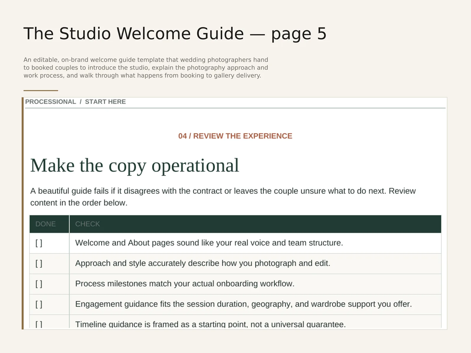The Studio Welcome Guide — sample interior spread 2 with fictional sample data