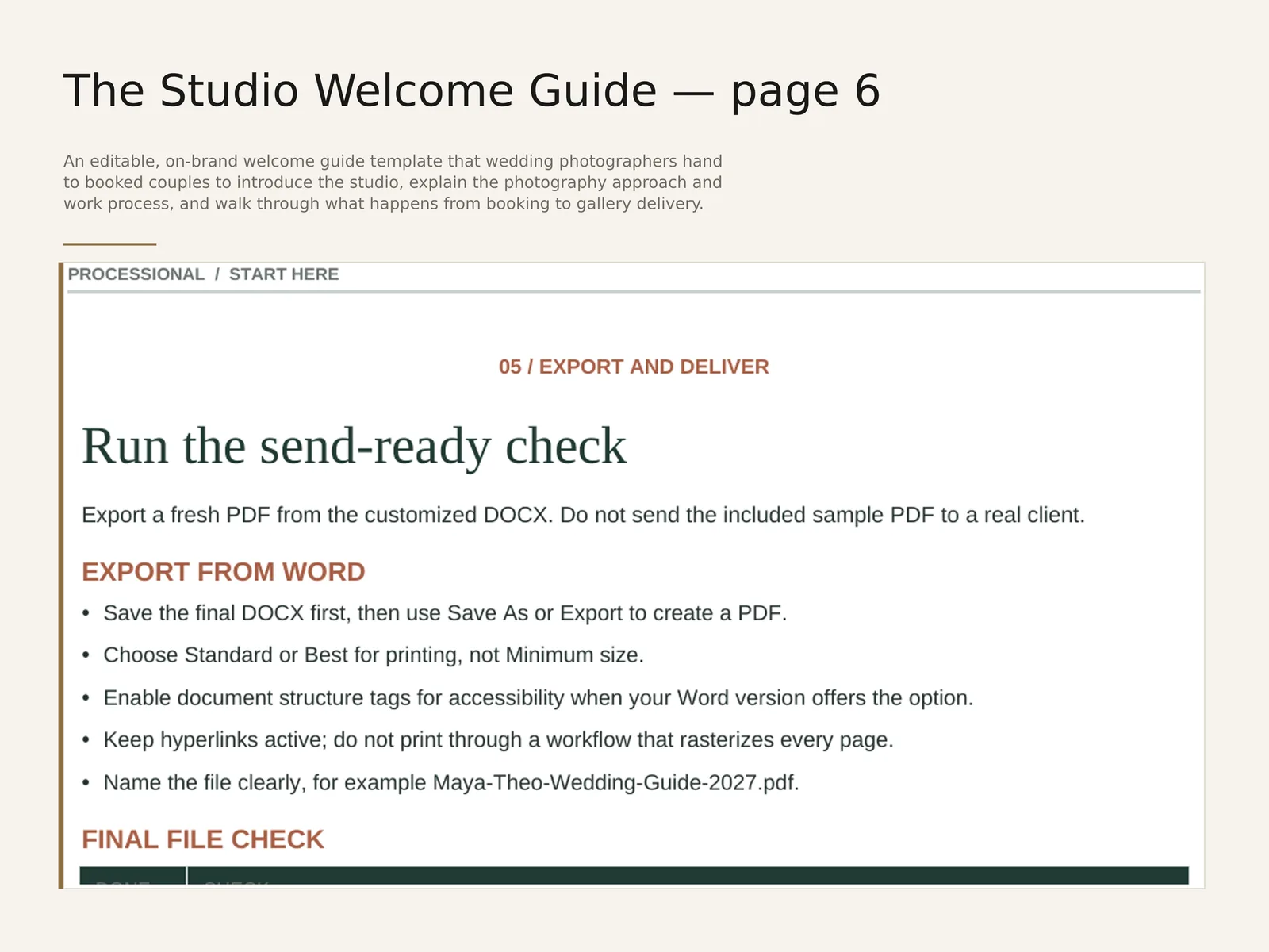 The Studio Welcome Guide — sample interior spread 4 with fictional sample data