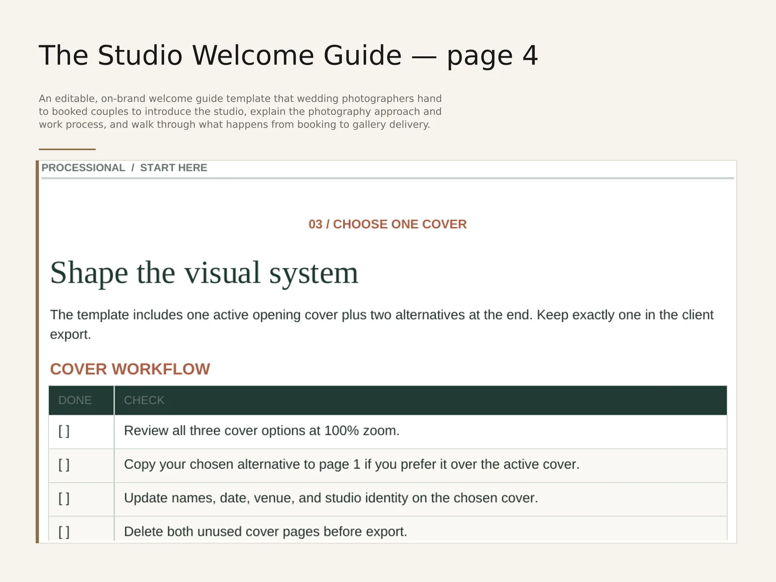 The Studio Welcome Guide — sample interior spread 5 with fictional sample data
