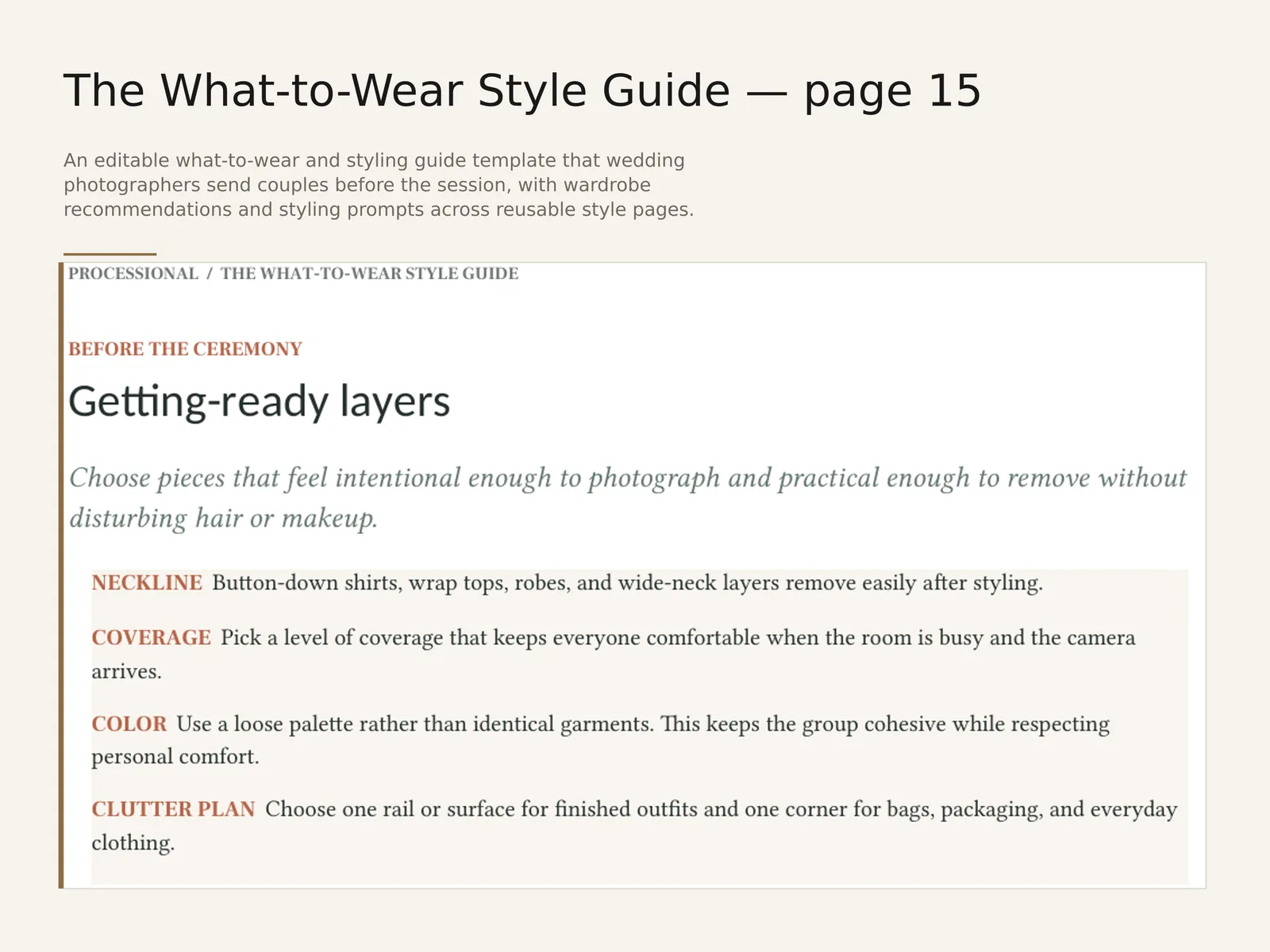 The What-to-Wear Style Guide — sample interior spread 1 with fictional sample data