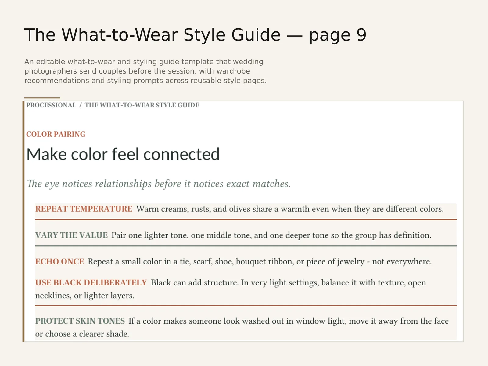 The What-to-Wear Style Guide — sample interior spread 2 with fictional sample data