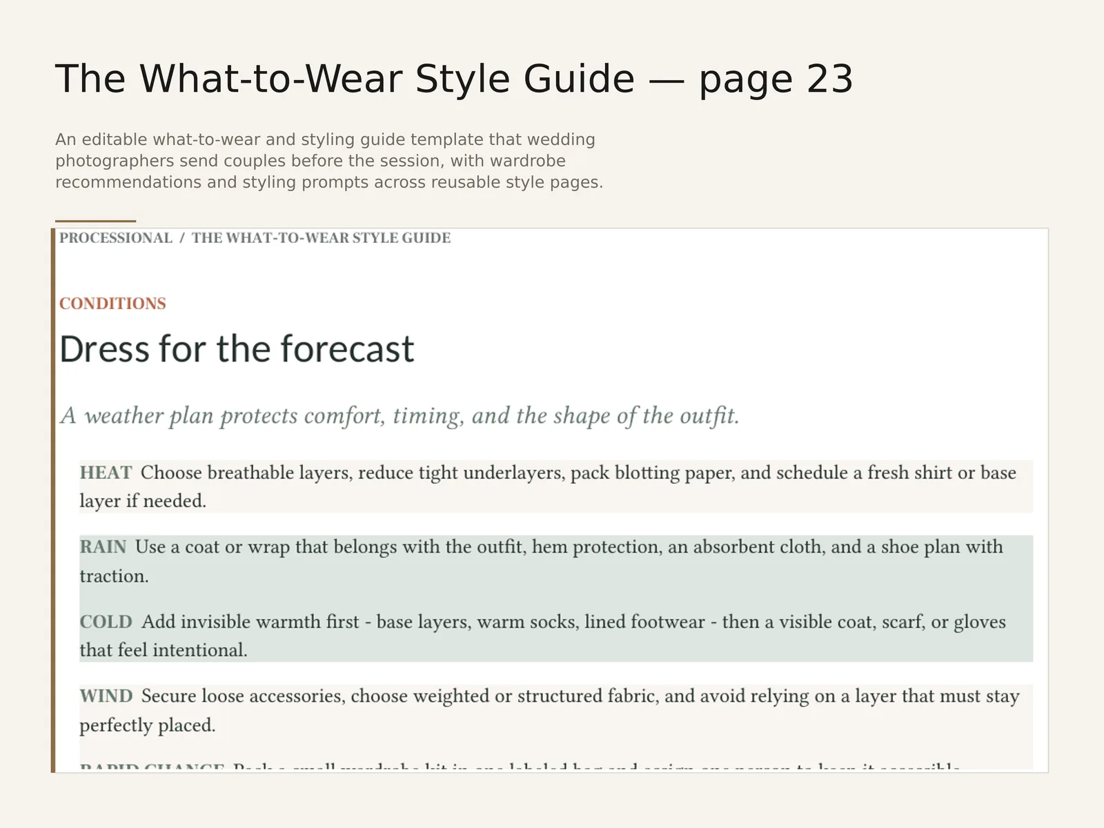 The What-to-Wear Style Guide — sample interior spread 4 with fictional sample data